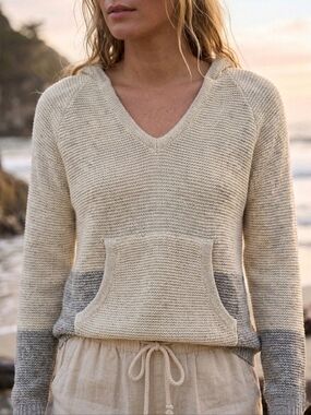 prAna Organic Cotton Knit Hooded Sweater Colorblock Cream Grey S